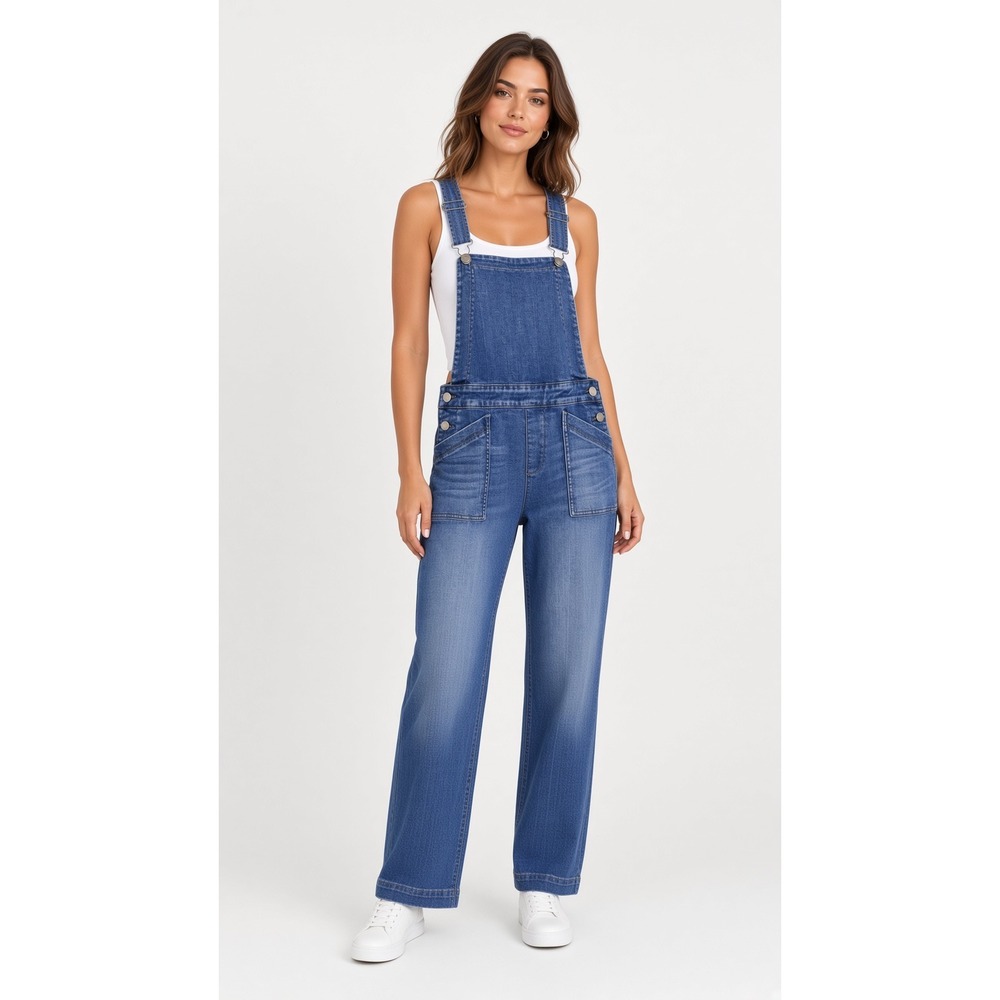 Evereve Ever Denim Overalls Size 25 Medium Wash Wide Leg Stretch Bib